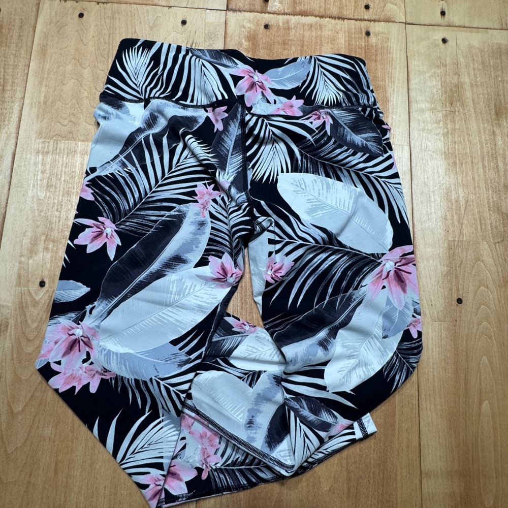 Victoria Sport Knockout Leggings Large Tropical Floral Palm Print Black Pink - Picture 4 of 5